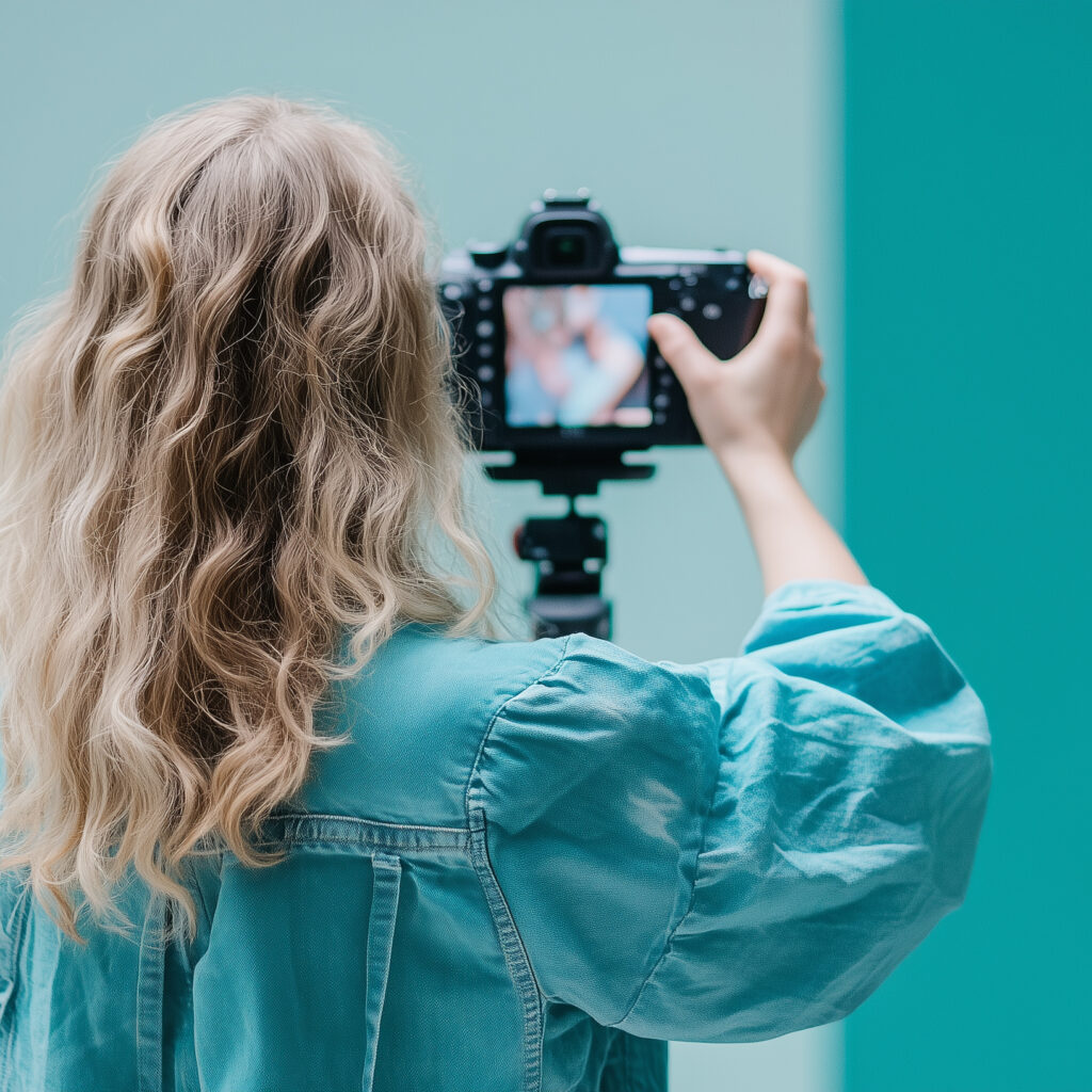 En person med langt, bølget blondt hår iført en turkis skjorte fotograferer med et digitalkamera på stativ mot en turkis bakgrunn. Personen er sett bakfra, med fokus på kameraet og skjermen som viser et uskarpt motiv.