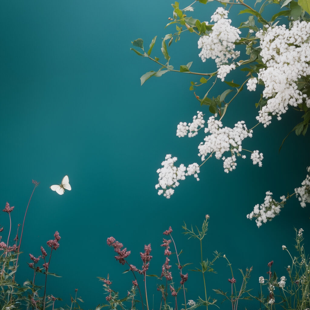 Et sommerlig motiv med hvite blomster og grønne blader som strekker seg inn fra høyre side, lilla villblomster nederst, og en hvit sommerfugl som svever mot venstre, alt mot en ensfarget turkis bakgrunn.